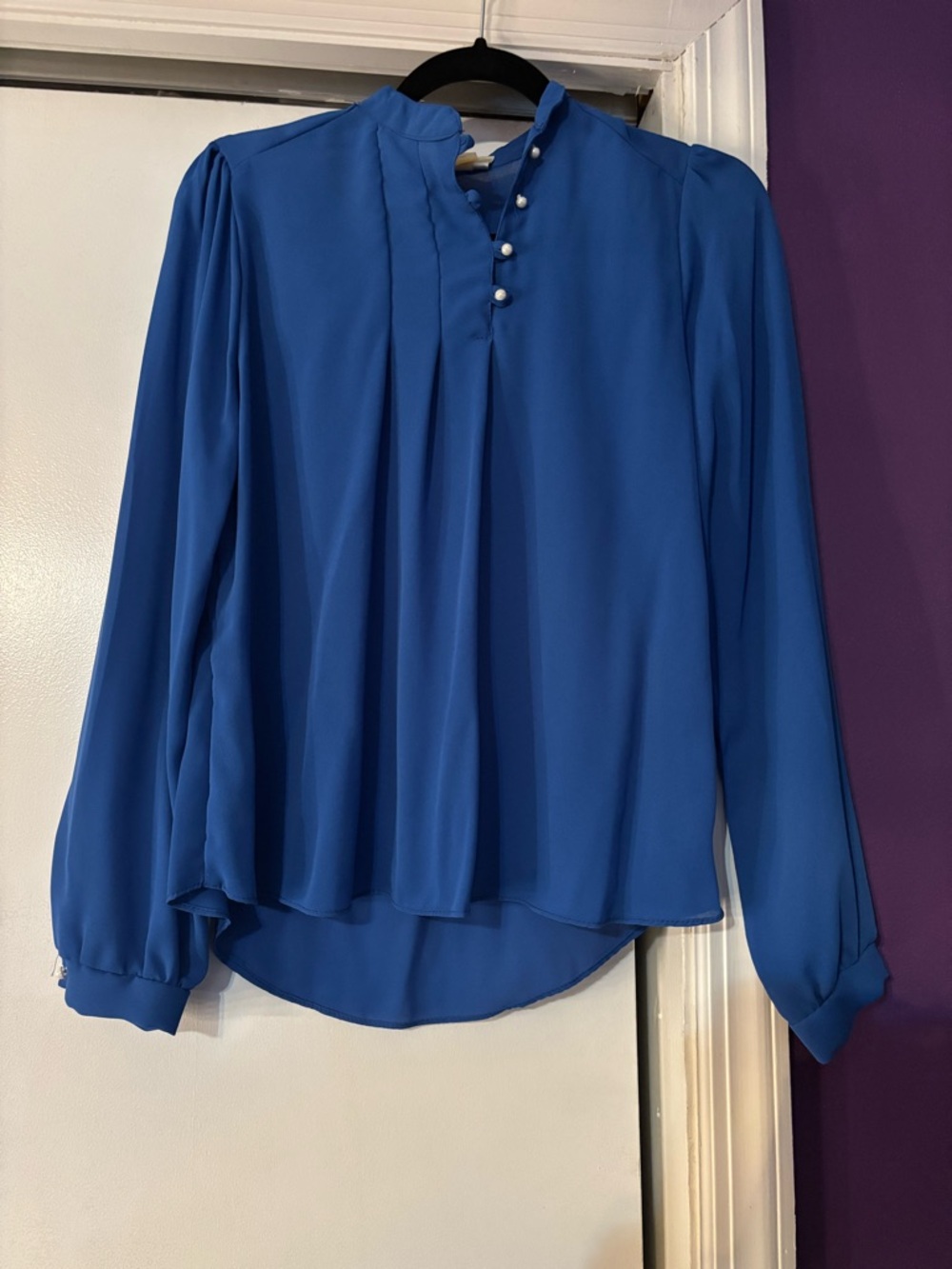 Vintage 70s 80s Ms.Paquette California  Royal Blue Long-Sleeve Pleated Blouse